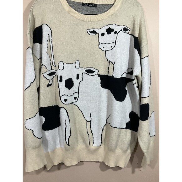 Simplee Womens Cow Print Crew Neck Sweater XL Beige Long Sleeve Soft Farm Animal - Picture 2 of 6